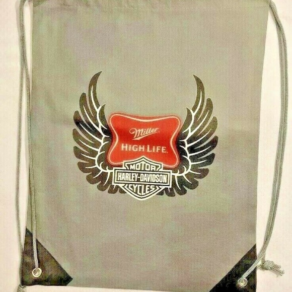 Harley Davidson / Miller High Life Lightweight Gray Tote Bag 15"x12" Drawstrings - Picture 4 of 4